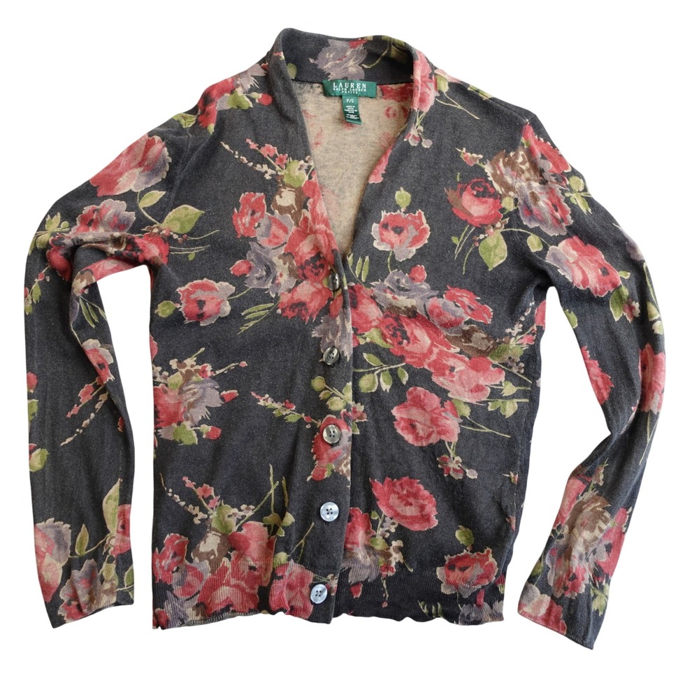 Vintage 90s Ralph Lauren Dark Floral Cardigan Womens S Silk Romantic Boho Grunge